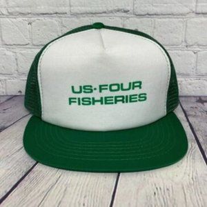 Vintage Hat Cap Snapback Green White US FOUR Fisheries Trucker Mesh Adjustable